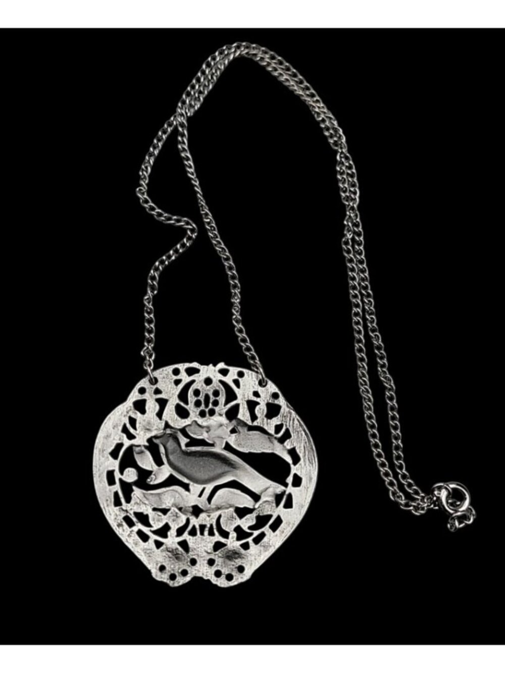 Vintage Bird Floral Pendant Silver Tone Filigree Open-Work Design 18" Chain - Picture 6 of 7